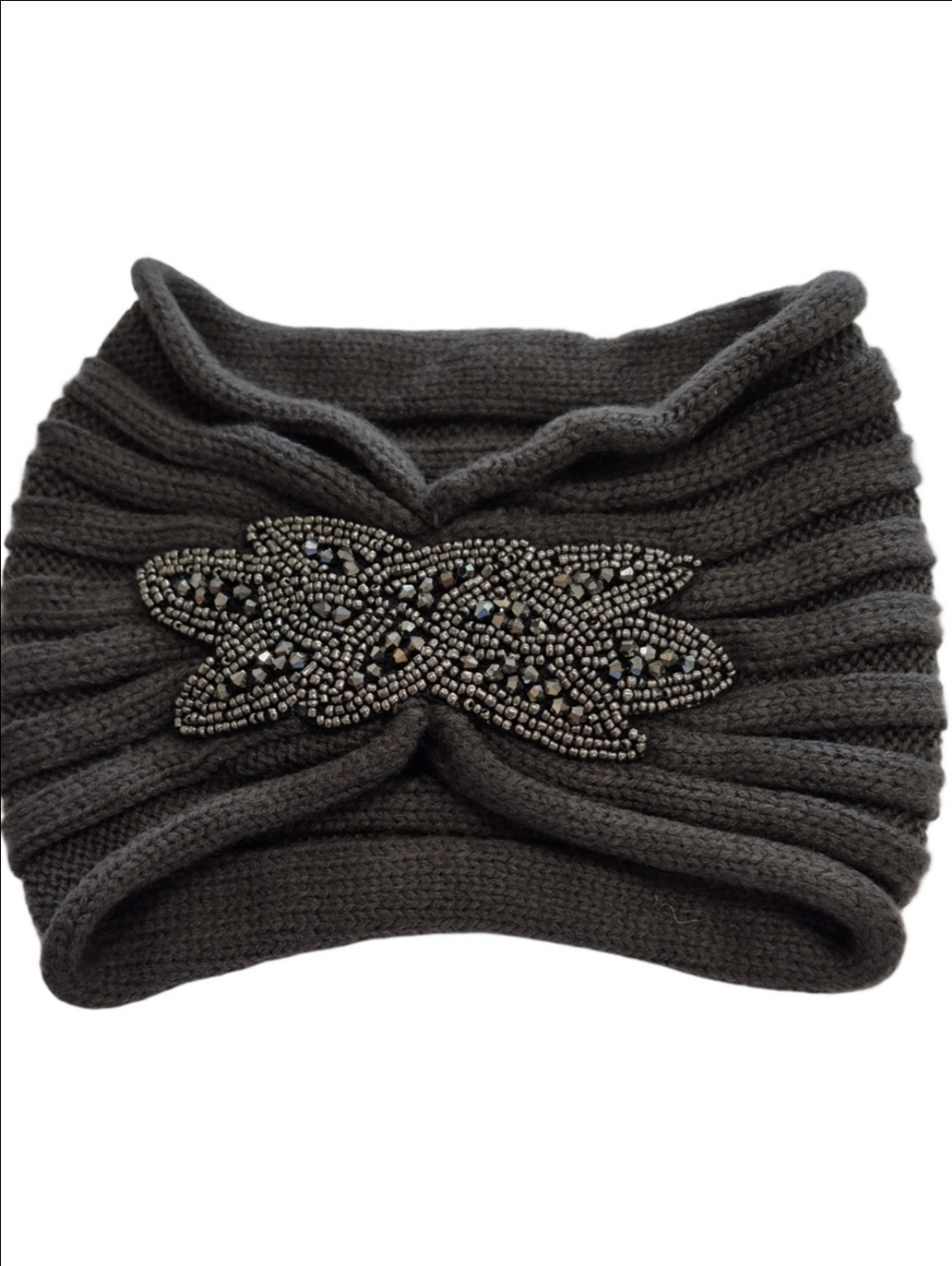 Charcoal Gray Beaded Knit Ear Warmer Headband - Floral Appliqué